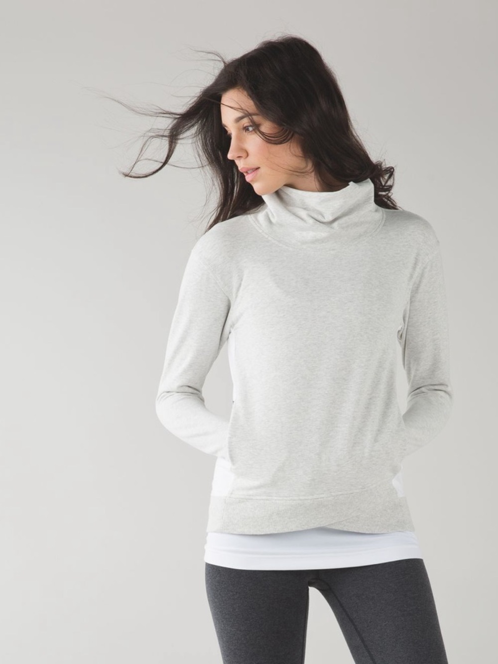 Lululemon On The Double Pullover Hoodie Heathered White Cowl Neck